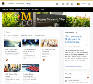Student view of Monroe Community College Brightspace page, main institution how page
