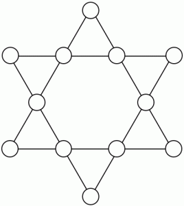 six-pointed star made of two interlocking triangles with circles at all vertices
