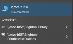 Screenshot of results after entering "\\mcc-b151\" into the search field in the Task Bar. Results are "\\mcc-b151\Brighton-Library" and "\\mcc-b151\-Brighton-PrintReleaseStations".