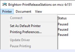 Screenshot of the Bright-PrintReleaseStations pop-up window showing the Printer menu expanded with two available options: Set As Default Printer and Printing Preferences.