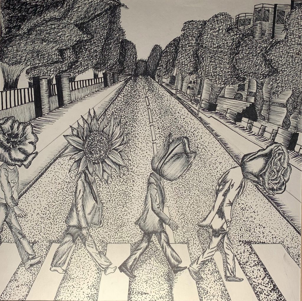 A black and white ink drawing of four figures walking across the road ad their heads are replaced by various flowers. The road recedes into the background and is flanked by trees.