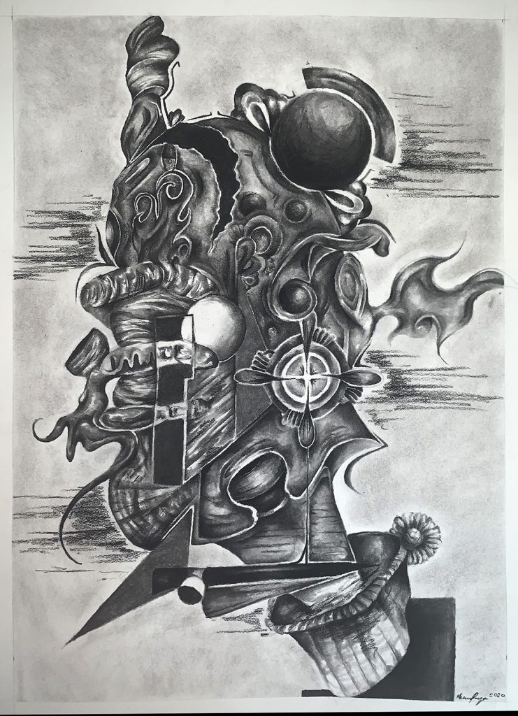 A black and white drawing of an abstracted head, made up of all different shapes, and parts flying off in various directions.