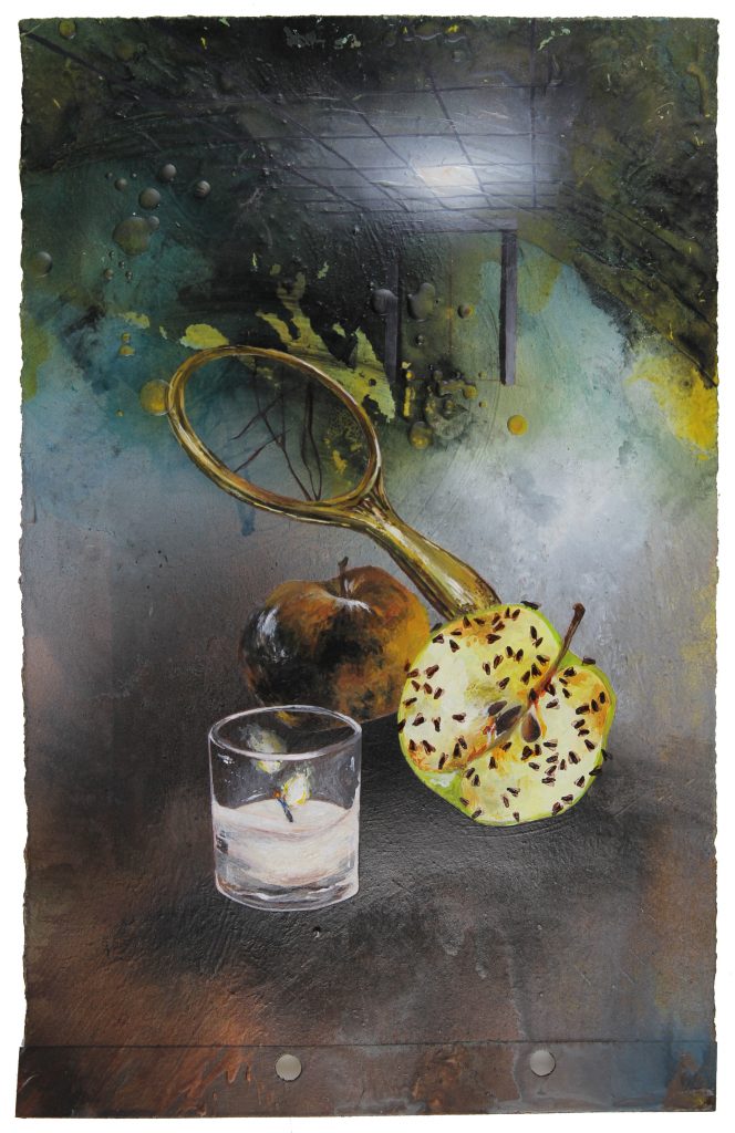A small painting containing a lit candle, a mirror, an apple and half an apple. There are fruit flys on the apple.