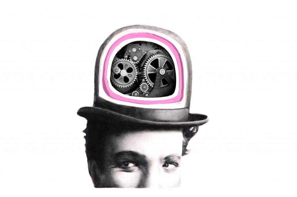 A pencil drawing of Charlie Chaplin, his top hat is hollowed out and we see a video loop of Chaplin moving through a set of large gears.