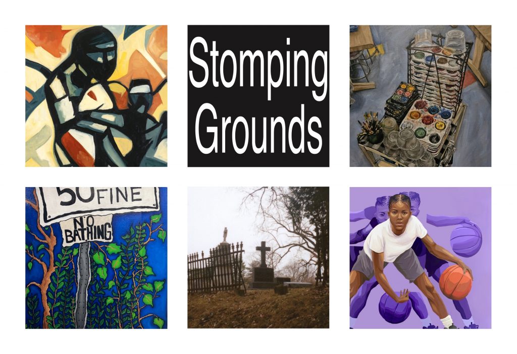 Stomping Grounds image showing an example art piece from all the participants, as well as the title of the show.