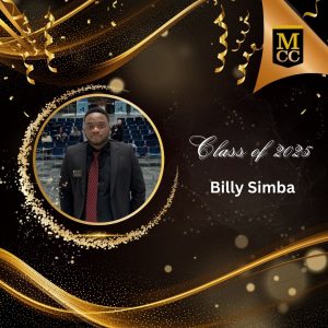 Square photo graphic of Billy Simba standing and wearing a black shirt, a red tie, and a black suit jacket.