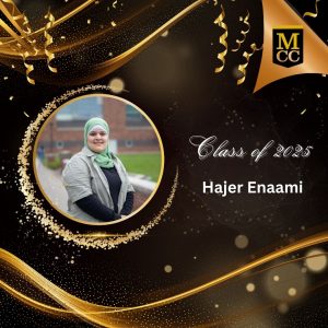 Square photo graphic of Hajer Enaami wearing a Jihab and a short-sleeved grey shirt over a long-sleeved black shirt.