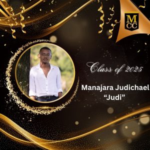 Square photo graphic of Manajara Judichael, “Judi.” standing against a tree with a white button-down shirt and is wearing glasses. J