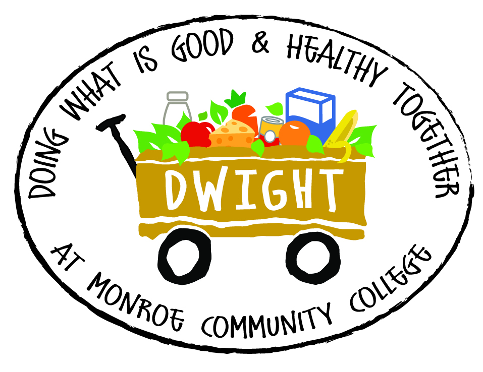 image: Doing what is good and healthy together at monroe community college. Shows a wagon full of food items.