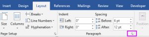 Screenshot highlighting the Spacing options in the Paragraph section of the Layout tab in the Microsoft Word tool ribbon