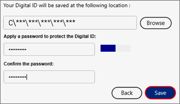 Digital ID location screen and password creation screen