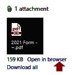 Screenshot of email file attachment icon with red arrow pointing to the Open in browser option