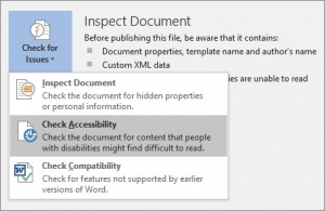 Screenshot of the "Check for Issues" options on Microsoft's "Info" section under File from the tool ribbon.
