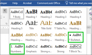 Screenshot of the expanded Styles options in the Home tool ribbon in Microsoft Word.