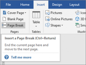 Screenshot of the Page Break option under the Pages section in the Insert tool ribbon in Microsoft Word.