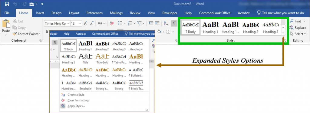 Screenshot of Microsoft Word's tool ribbon showing the options in the Home tab. A green box highlights the Styles section. A gold arrow with the text points to a screenshot of the expanded Styles options.