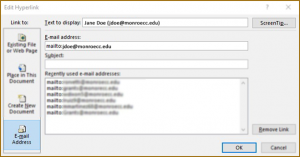 Screenshot of the "Edit Hyperlink" window in Microsoft Office with the "E-mail Address" options displayed.