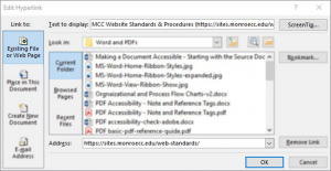 Screenshot of the "Edit Hyperlink" window in Microsoft Office with the "Existing File or Web Page" options displayed.