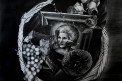 A black and white charcoal drawing looking into a basket, and the basket contains grapes, a shoe, a photograph of a young woman, and a bouquet of roses.