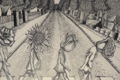 A black and white ink drawing of four figures walking across the road ad their heads are replaced by various flowers. The road recedes into the background and is flanked by trees.