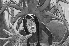 Illustration of a fearful woman frantically attempting to escape a massive spider. Broken trees and rocks illustrate the foreground, as the background is decorated with clouds, distant trees, and another spider cocooning other victims.