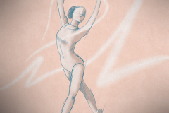 Illustration of a dancing fluid figure with rough sketched linework. Natural curves and angles are extended through lines along the body, as glowing white ribbons flow from her wrists and ankles.