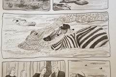 This is a five-panel sequential narration. The first two panels show primitive vertebrates viciously feeding on others. A wide middle panel shows a crocodile savaging a baby zebra in a stream. The fourth panel shows President Trump at Supreme Court Justice Brett Kavanaugh’s swearing-in ceremony; Trump reaches for one of Kavanaugh’s daughters. The final panel shows a cockroach preparing to consume an ant.