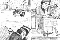 This is a four-panel sequential narrative drawing  without words sketched in ink on paper. The plot is somewhat ambiguous. In frame one, an unglamorous nanny places an infant on the bench she is sitting on in a city park. In the second panel she checks her watch, and in the third panel she places the infant back in its carriage. The final frame is a long-shot of her pushing the carriage down the sidewalk.