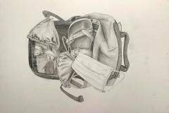 A drawing of a collection of various items with full value shading. Objects include: sunglasses, a sandal, a disposable mask, and a bikini top; all placed within a backpack.
