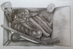 Pencil drawing looking into a box, and the box contains items related to hockey, including a  hockey stick, a puck, a knit hat, an ice skate, and a beer glass.