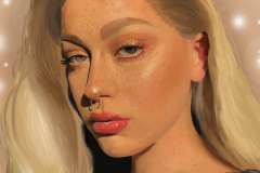 A digital painting of a woman's head. She has long blond hair and lipstick on.