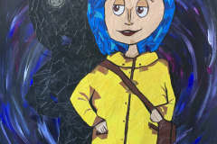 A collage piece of young girl in a yellow rain jacket and blue hair. Behind her is another form entirely black and with buttons for eyes. The background is a swirl of blacks and purples.