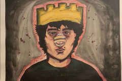 A painting of a young males face and shoulder, he has bandages on his nose, two black eyes, and a crown on his head. He is outlined in a redish color, and a wash of back fills in the remaining background.