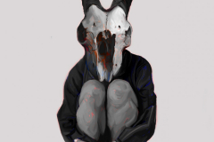 Black and White digital painting of a human figure with. an animal skull instead of a head, hugging. its knees on the ground. There are subtle hues of. oranges, blues, and pinks highlighting areas of the body and skull. There is a stuffed teddy bear on the ground next to the figure.