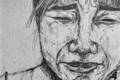Ink Drawing of an Asian woman with face skewed towards the. right, her eyebrows are furrowed and she is crying. Her lips are pursed tightly.