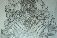 A drawing with a central figure sitting on a throne of books, behind him distorted skulls flank his body. In the foreground is a dome with flames around it.
