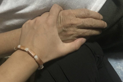 A close cropped photograph of a young persons hand holding the hand of an older person.