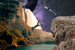 Digital Collage that depicts a dream scape set in a valley with a river running through it. Birds fly through the valley and a, enormous water fall rushes at the top of a cliff in the background. The color a treated with photo shop filters to have a vintage-like photo effect. A cliff is in the foreground. A man and a woman in bathing suits are put into greyscale and dive off the cliff into the water below. The skyscape is a purple universe dotted with stars, and the Earth is in place of the Sun or the Moon and larger than life, as if the viewer is on the moon itself.