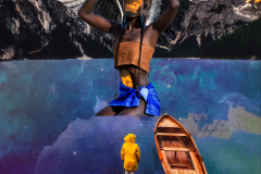 The viewer looks onto a dream like scene looking out onto a lake surrounded by mountains. An African angel emerges from the water. Her belly and face rumble with the fire inside of her and smoke billows out of a vase held on top of her head. Eagle's wings spread from her back. In the foreground we see a dock with a small child in a rain jacket. A boat floats in the technicolored water to the child's right. Above the mountains is a pink, purple and green universe dotted with stars. The sun, subtly raging, rise on the mountain's horizon.