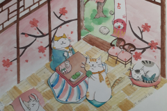 This is a Japanese-style collage made of shredded paper. In this artwork, the floor, cherries, and most of the beams are made by shredded paper and painted with warm colors by watercolor. The piece is designed as a room where cats are occupying the space, looking happy and snacking on various foods.