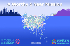 A poster design for an environmental group called The Ocean Clean Up, the bottom two thirds of the image is blue water with many plasic water bottles flowing up to the surface of the water, and on the left side of the horizon is a city skyline and on the right side is a mountain range.Text at the top reads A worthy five year mission.