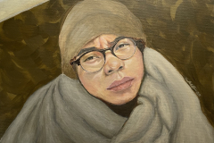 A painting in mostly neutral colors of a man bundled up in a blanket and looking up at the viewer. He wears a hat and glasses.