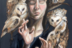 A painting of a woman standing with her eyes closed, hands held in front of her with her fingers bent. Three owls sit on her,  one on each shoulder and about to land on her head. A mouse sits atop her head, nose in the air.