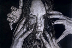 A black and white drawing of a woman looking straight out at the viewer, while four various hands emerge from the edges of the drawing, and are awkwardly touching her face and running fingers through her hair.