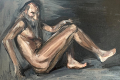 A painting of a figure study of a nude man reclining on his right arm, left hand on his knee. The painting is painted in loose brushstrokes,, the flesh tones faithfully reproduced and the background a grey tone.