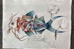 A drawing of a fish, seperated into different parts that reveal moving parts inside. The head looks organic, but as we move through the body, we notice gears at the midsection, a switch reading Do Not Pull beyond. that, and the tail. is in sections, emitting plumes of smoke. At the bottom of the drawing it. reads Phillet the Fish.