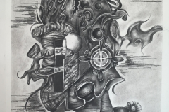 A black and white drawing of an abstracted head, made up of all different shapes, and parts flying off in various directions.