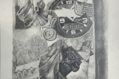 Graphite drawing of broken watch faces, statue of liberty fragmented , car keys and illustration of the outside of the house, representing freedom and time. Against an off white back ground.
