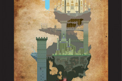 A digital image of a fantastical map, that includes towers, bridges and castles on abstract pieces of ground, all linked together with bridges.