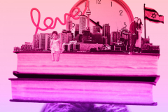 Photoshop collage of woman balancing books with assorted objects on her head. There is a skyline of Toronto, a couple, a child, an Israeli flag, and other items. A pink and purple gradient is overlaid on the whole composition.